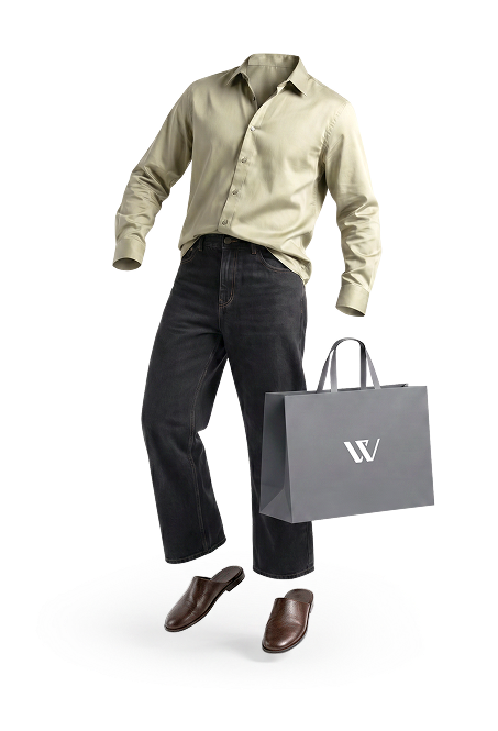Windrise outfit with shirt, denim, loafers, and shopping bag